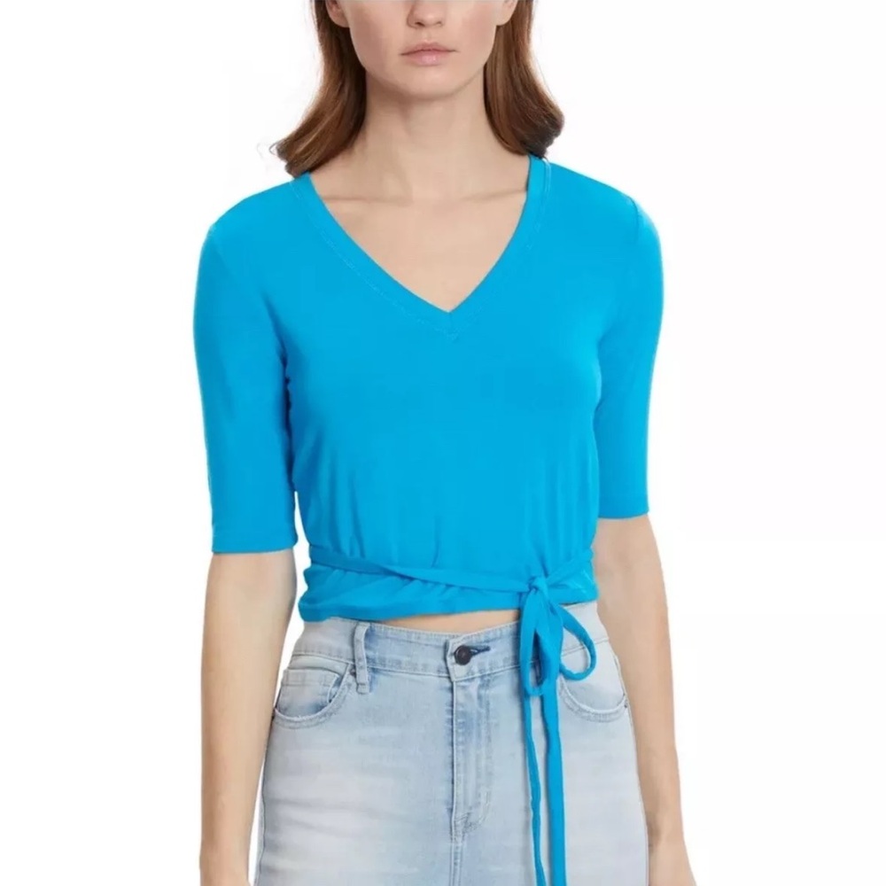 😍FRAYED JEANS Womens Blue Fitted Wrap Back Front Tie Short Sleeve V Neck Top L